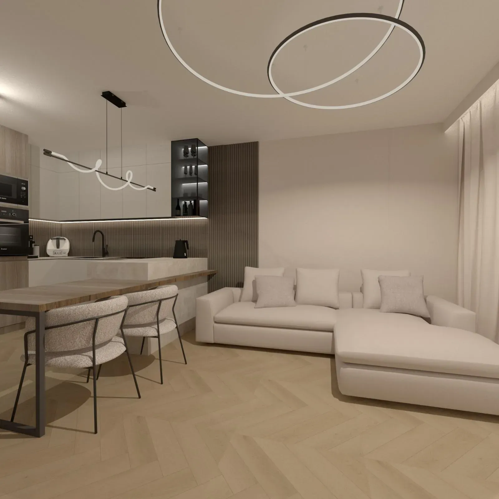 Kraków - minimalistyczny salon z aneksem kuchennym w mieszkaniu 42 m²; jasne drewno i stonowane barwy.