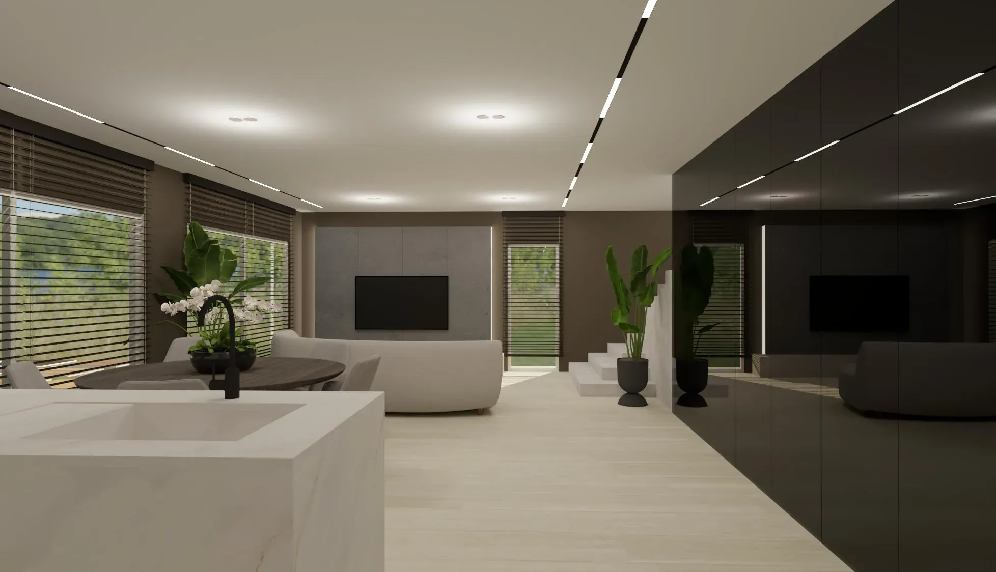 Wieliczka - przestronny salon w nowoczesnym domu; duże przeszklenia, wysokie sufity i eleganckie detale.