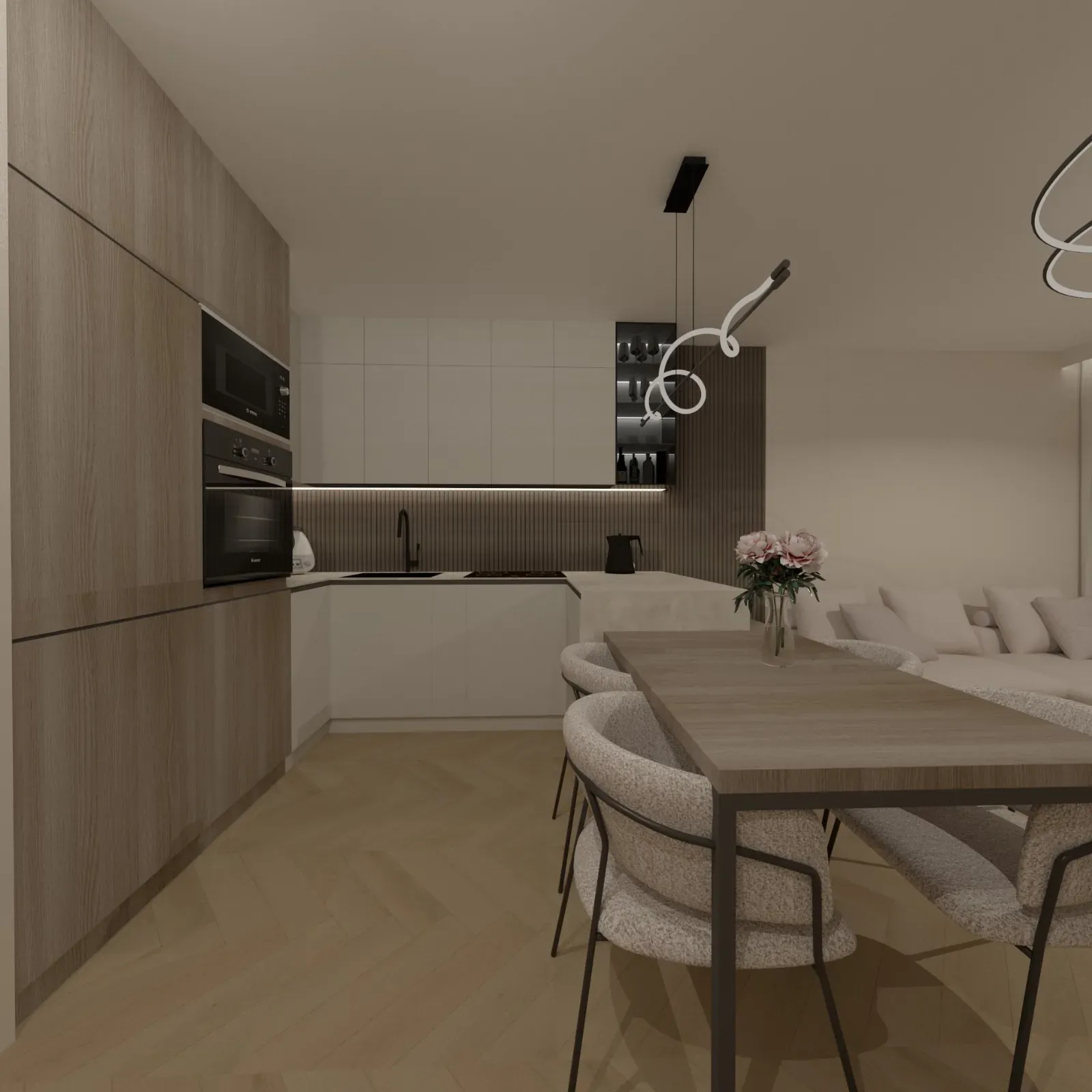 Kraków - funkcjonalny aneks kuchenny w nowoczesnym mieszkaniu; gładkie fronty i neutralna paleta.