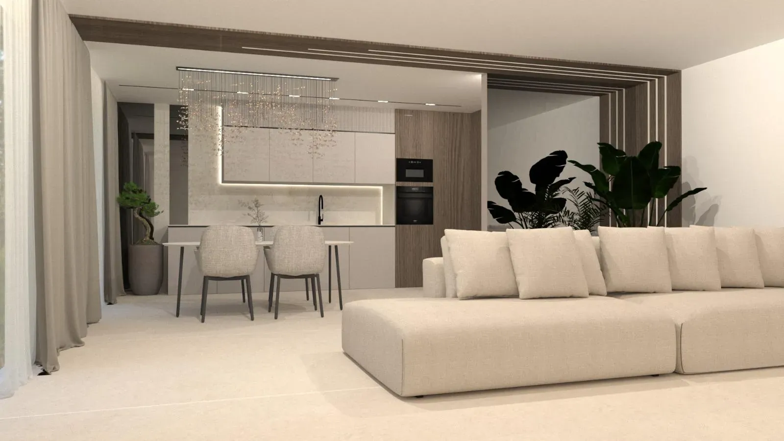 Kraków - przestronny salon z aneksem kuchennym; otwarty plan, dębowe akcenty i neutralna paleta.