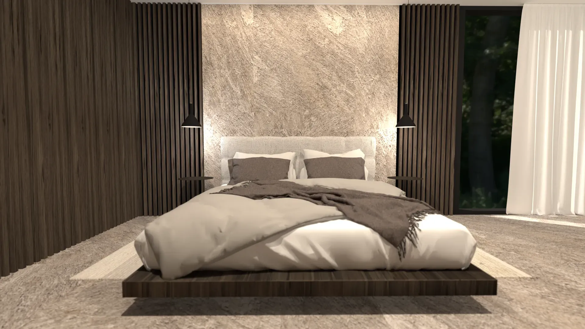 Kraków - sypialnia z naturalnymi fakturami kamienia; stonowana paleta i minimalistyczne meble.