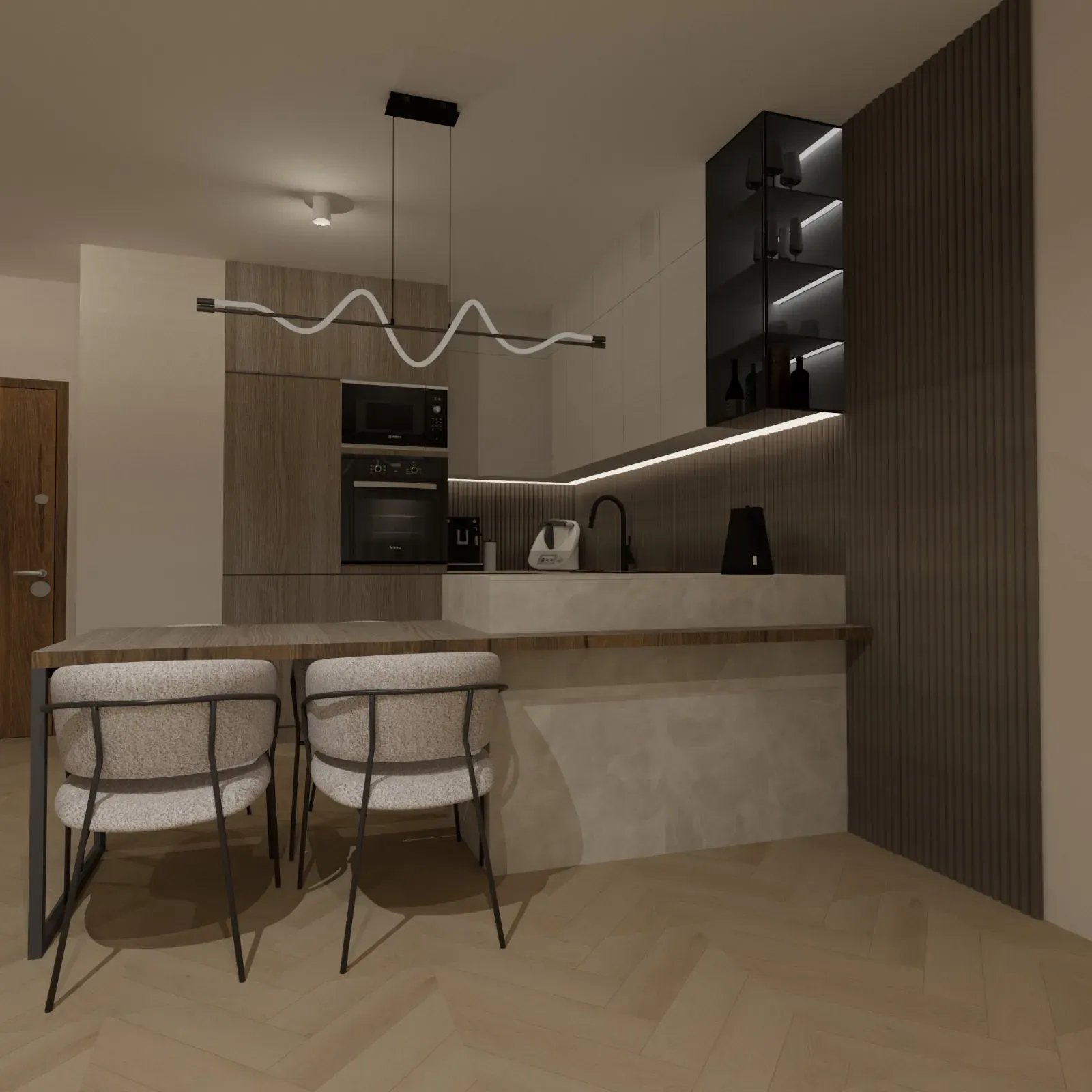 Kraków - aneks kuchenny z wyspą; kamienny blat, proste fronty i akcenty z naturalnego drewna