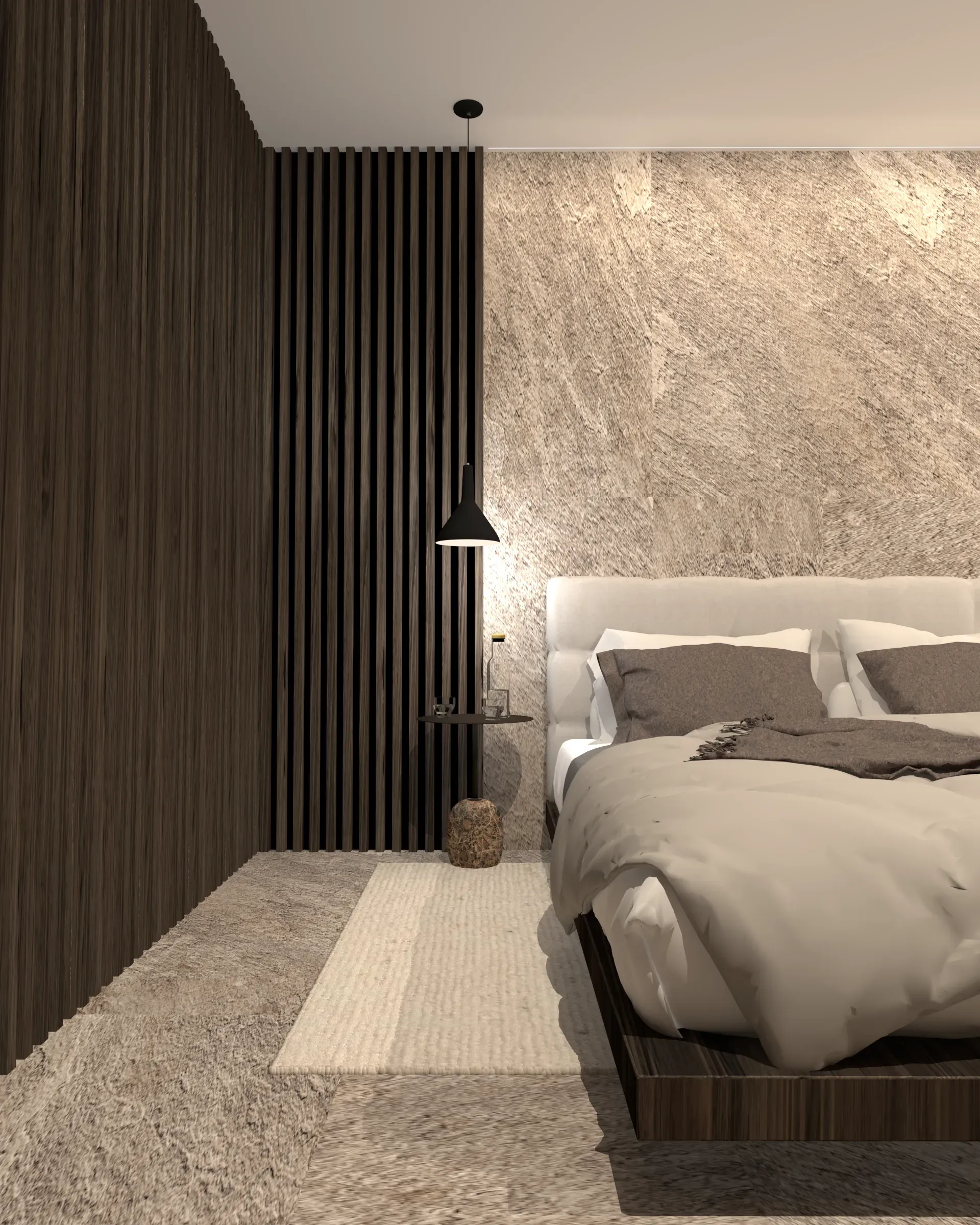 Kraków - sypialnia z ciemnymi akcentami; wyraźne kontrasty i nastrojowe oświetlenie.