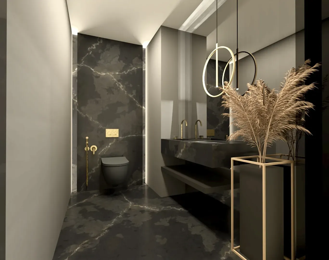 Wieliczka - elegancka łazienka; kamienne wykończenia, czarne armatury i nastrojowe oświetlenie.