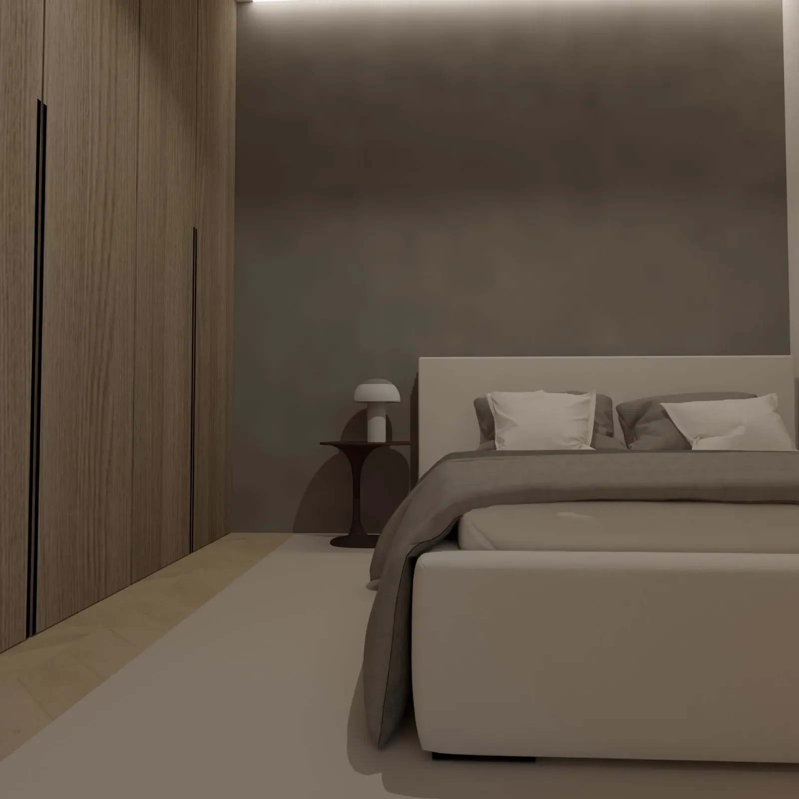 Kraków - minimalistyczna sypialnia z miękkimi tkaninami; stonowane kolory i nastrojowe oświetlenie.