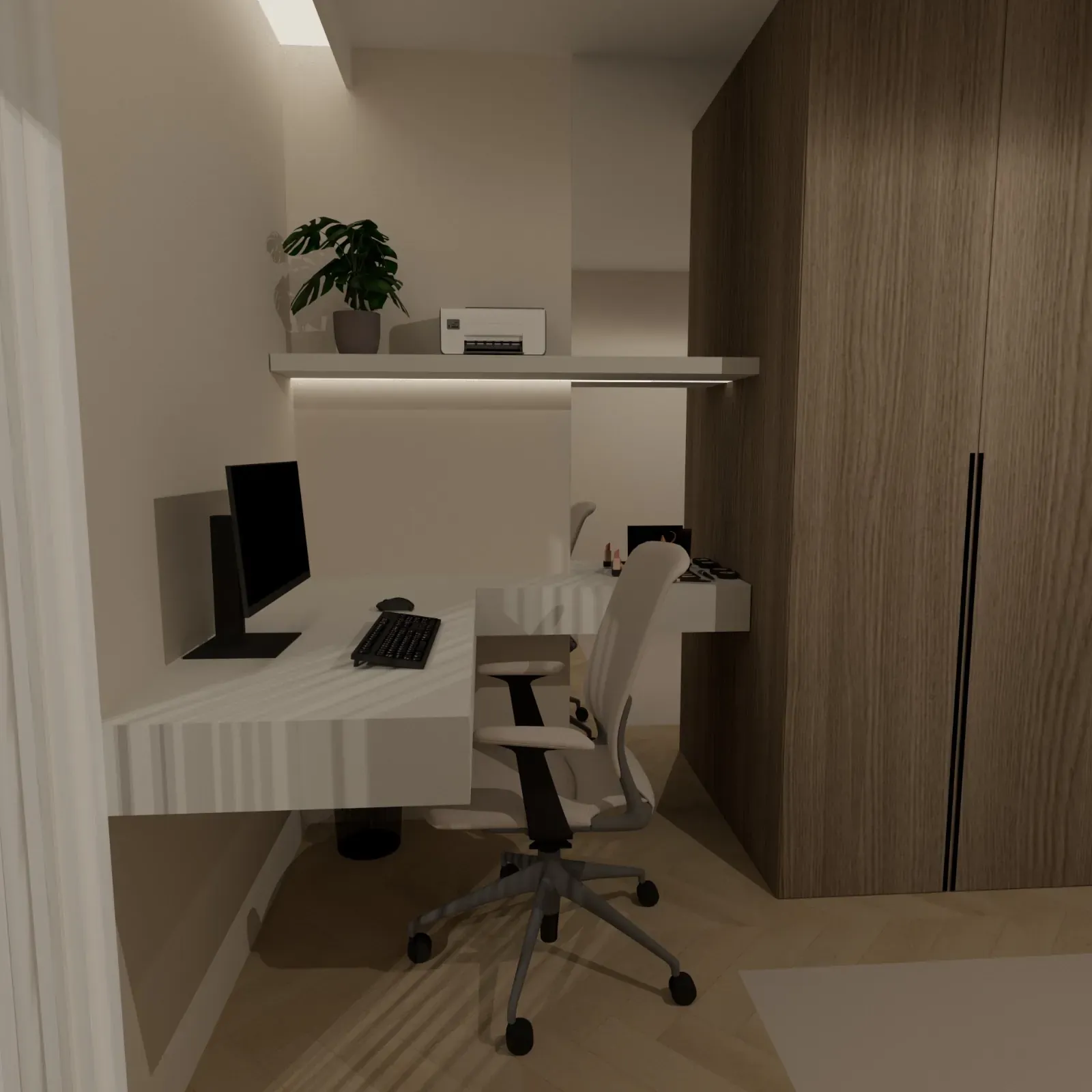 Kraków - komfortowe domowe biuro; drewniany blat, ergonomiczne krzesło i subtelne detale.